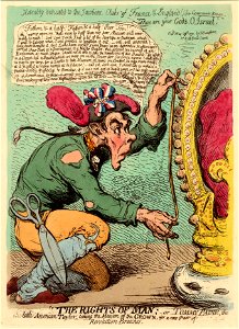 The Rights of Man; -or- Tommy Paine, the little American taylor, taking the measure of the crown, for a new pair of Revolution-breeches (BM 1868,0808.6057)