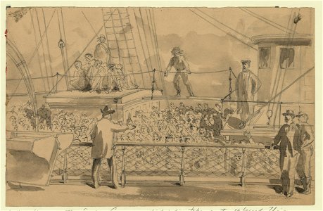 The Sanitary Commission distributing tobacco to released prisoners on board Star of the South, from the deck of the New York. LCCN2004661234