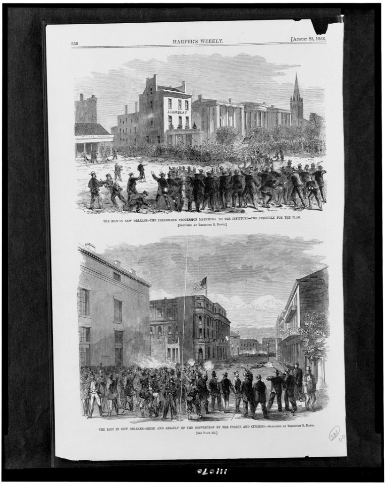 The Riot in New Orleans - the Freedmen's procession marching to the institute - the struggle for the flag The riot in New Orleans - siege and assault of the convention by the police and LCCN94510091