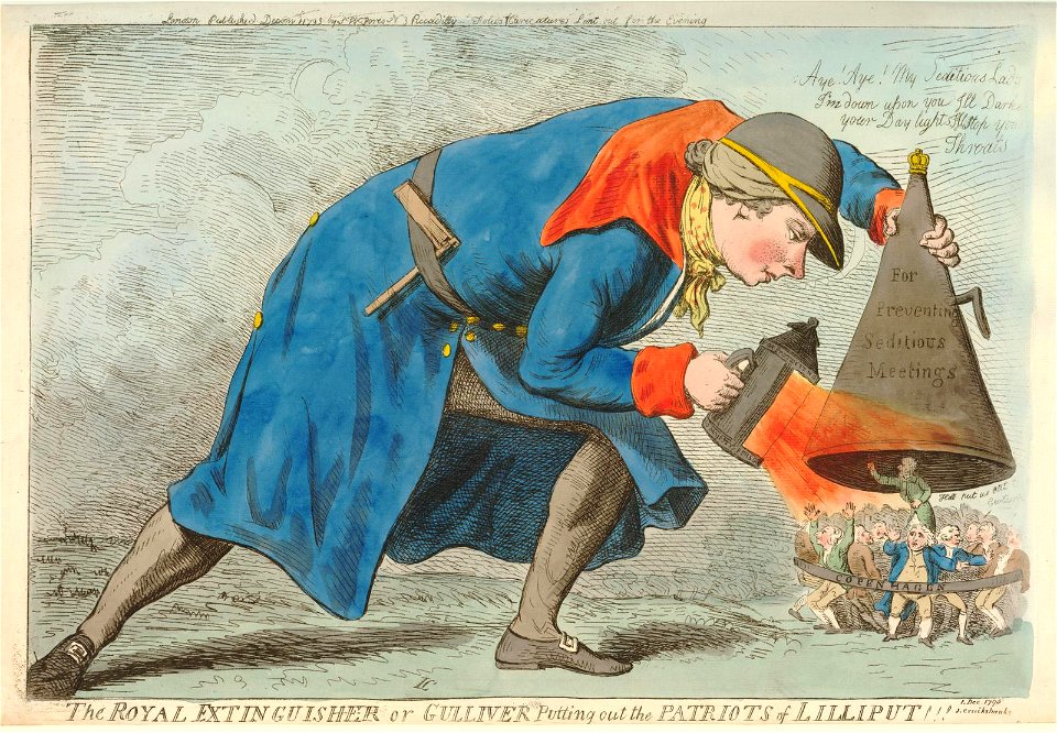 The royal extinguisher or Gulliver putting out the patriots of Lilliput!!! (BM 1868,0808.6487)