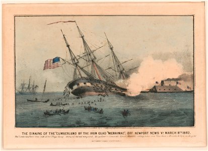 The sinking of the Cumberland() by the iron clad Merrimac, off Newport News Va. March 8th 1862 - sketched by F. Newman, Newport News, Va. LCCN2001705847