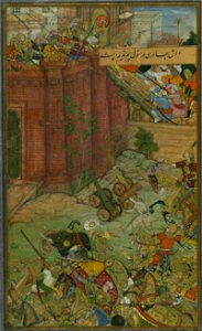 The siege and battle of Isfarah. Babur and his army assaults the fortress of Ibrāhīm Sārū