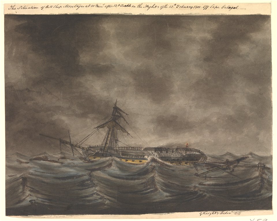 The situation of H.M. Ship Montagu at 10 mins after 12 o'clock on the night of the 13th February 1801 off Cape Ortagol RMG PW7959