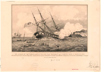 The sinking of the Cumberland by the iron clad Merrimac, off Newport News Va. March 8th 1862 - sketched by F. Newman, Newport News, Va. LCCN2017660419
