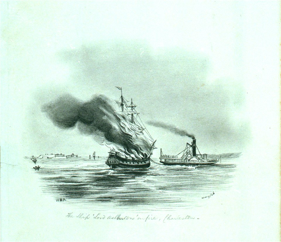 The ship Lord Ashburton on fire, Charleston RMG PU6435