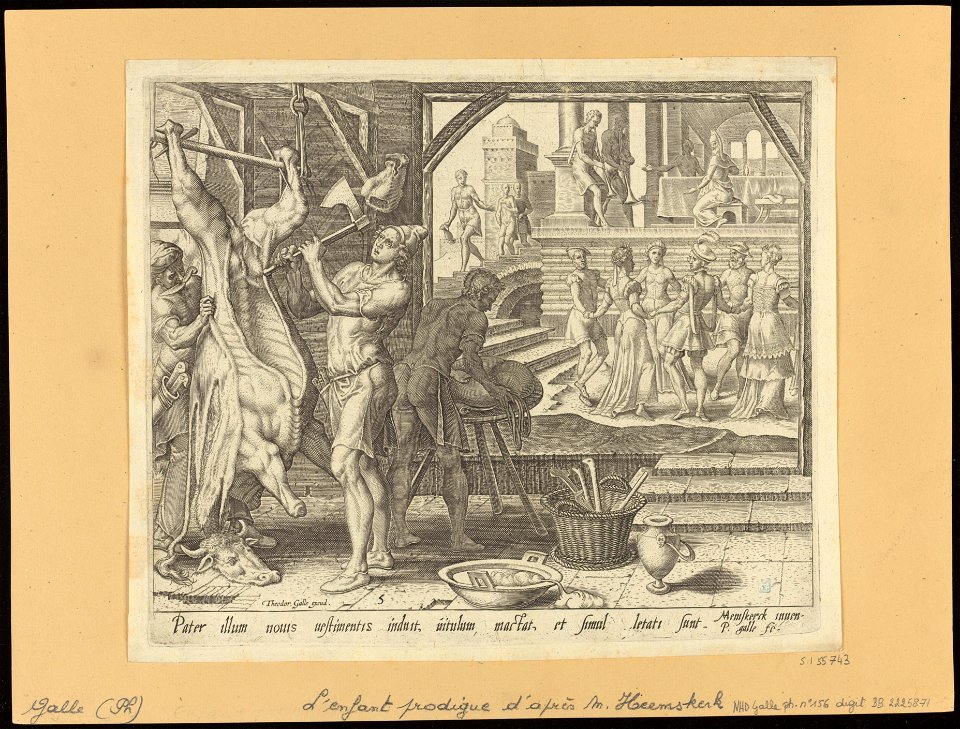 The Slaughter of the Fattened Calf 1562 print by Maarten van Heemskerck, S.I 55743, Prints Department, Royal Library of Belgium