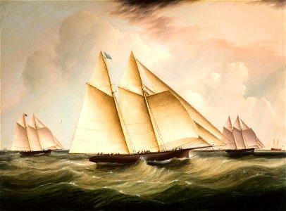 The Start of the Great 1866 Transatlantic Yacht Race by James E. Buttersworth. Showing Fleetwing, Henrietta, and Vesta. Free illustration for personal and commercial use.