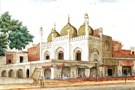 The Sunehri Masjid of Roshan ud-Dawla at Chandni Chowk in Delhi - a painting by Ghulam Ali Khan 026b