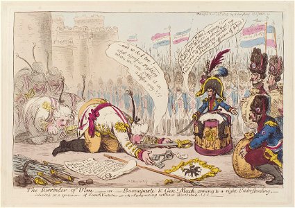The surrender of Ulm - or - Buonapartè & Genl Mack, coming to a right understanding by James Gillray. Free illustration for personal and commercial use.