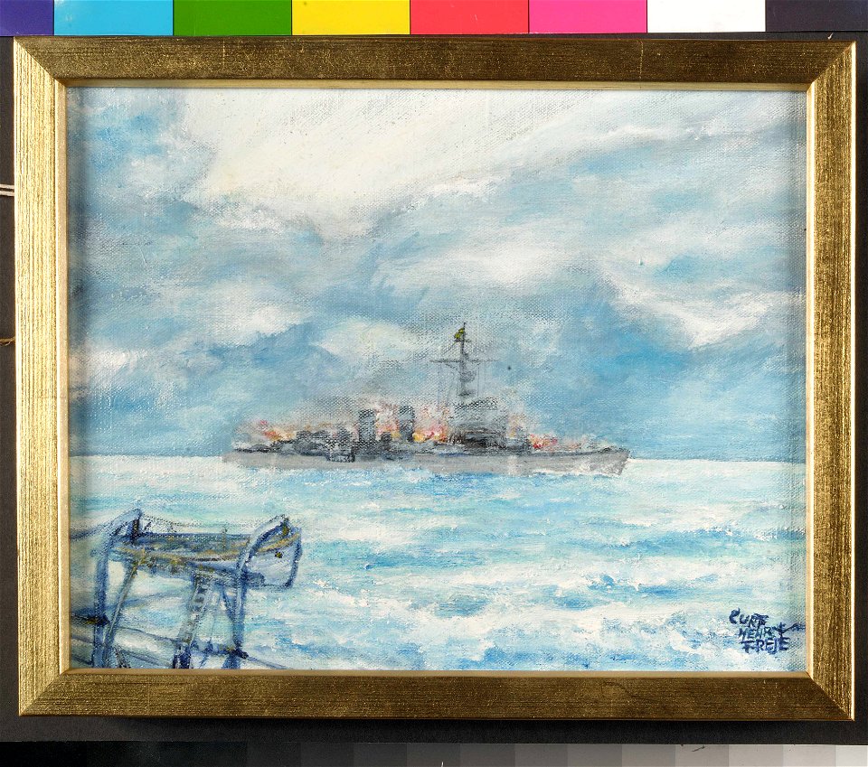 The Swedish light cruiser Fylgia- firing in neutral colours, 1942 RMG BHC2328