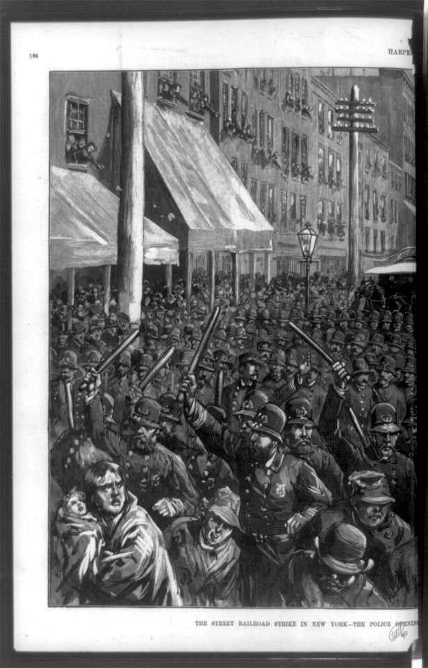 The street railroad strike in New York-the police opening the way for a horse-car - drawn by T. de Thulstrup. LCCN90706013