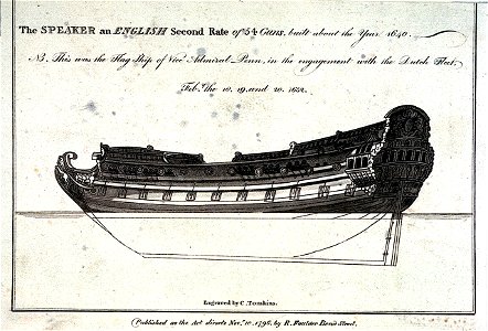 The Speaker an English second rate of 54 Guns built about the year 1640. NB This was the Flag Ship of Vice Admiral Penn in the engagement with the Dutch Fleet Feby the 18, 19 and 20 1652 RMG PU0262. Free illustration for personal and commercial use.