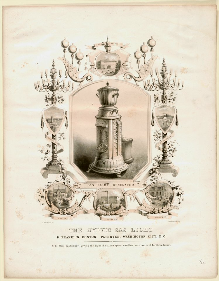 The sylvic gas light B. Franklin Coston, patentee, Washington City, D.C. - - A. De Vaudricourt del. ; C.B. Graham's Lithy. D.C. LCCN2009633828