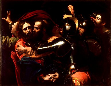 The Taking of Christ-Caravaggio (c.1602). Free illustration for personal and commercial use.