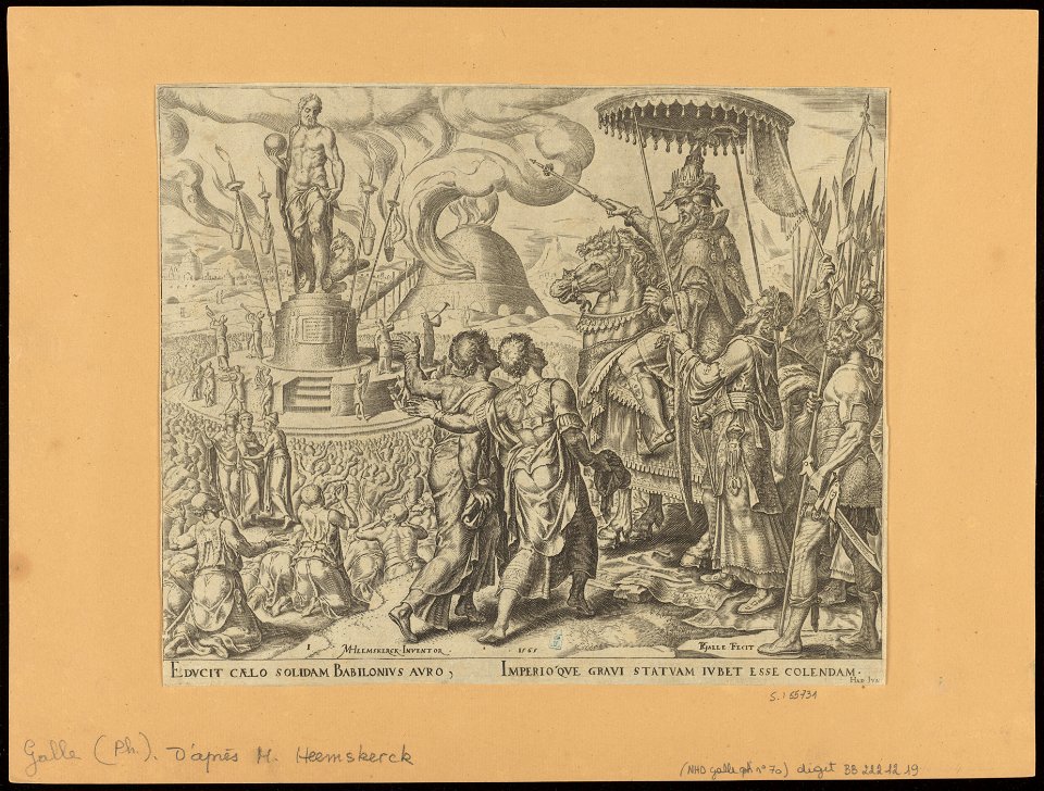 The Three Jews Accused of Not Worshipping the Golden Statue 1565 print by Maarten van Heemskerck, S.I 55731, Prints Department, Royal Library of Belgium