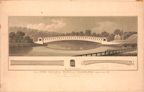 The Upper Schuylkill Bridge at Philadelphia, from the S.E. The greatest known span, by nearly 100 feet - drawn by C.A. Busby, archt. ; engraved by M. Dubourg 1 Buzton Place Lambeth. LCCN2015651630