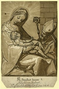 The Virgin, Child, and a bishop - AC (monogram of Alessandro Casolani); Andrea Mantuano intagliatore in Siena 1591. LCCN2008678764