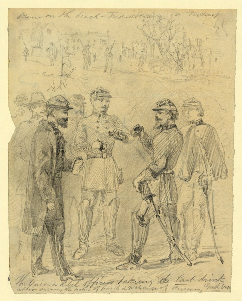 The Union & rebel officers taking the last drink after signing the papers of parole & exchange of prisoners, goodbye LCCN2004661307