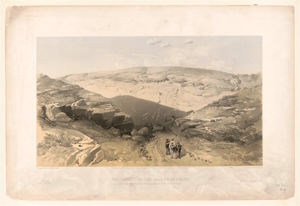 The valley of the shadow of death Caves in the Woronzoff Road behind the 21 gun battery - - W. Simpson, del. ; J. Needham, lith. ; Day & Son, Lithrs. to the Queen. LCCN2002713035