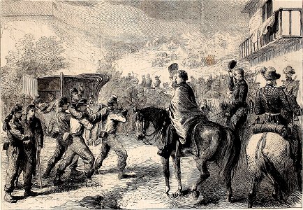 The War in America, bringing in the Federal wounded after the Skirmish at Lewinsville Virginia - ILN 1861. Free illustration for personal and commercial use.