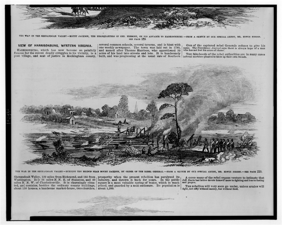 The war in the Shenandoah Valley - burning the bridge near Mount Jackson, by order of the Rebel General - from a sketch by our special artist, Mr. Edwin Forbes. LCCN2003668326