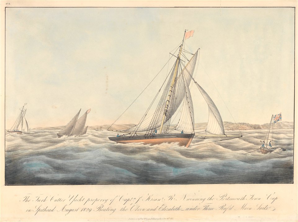 The Turk Cutter Yacht property of Captn P Kean R.N. winning the Portsmouth Town Cup in Spithead August 1829 Bearing the Obern and Elizabeth under Three Reef'd Main Sails RMG PY8632