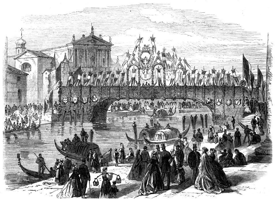 The Visit of King Victor Emmanuel to Venice, Decorated Bridge over the Grand Canal - ILN 1866