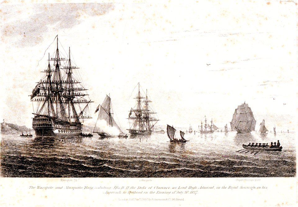 The Warspite and Musquito Brig, Saluting His R.H. the Duke of Clarence, as Lord High Admiral, in the Royal Sovereign on his Approach to Spithead on the Evening of July 30 1827 RMG PU6070