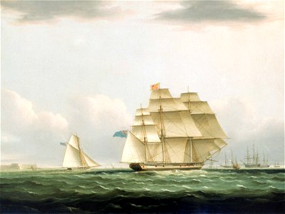 The yacht 'Royal Sovereign' with the Duchess of Clarence on board, leaving Portsmouth to view the visiting Russian squadron anchored in Spithead, 8 August 1827 RMG BHC0621. Free illustration for personal and commercial use.