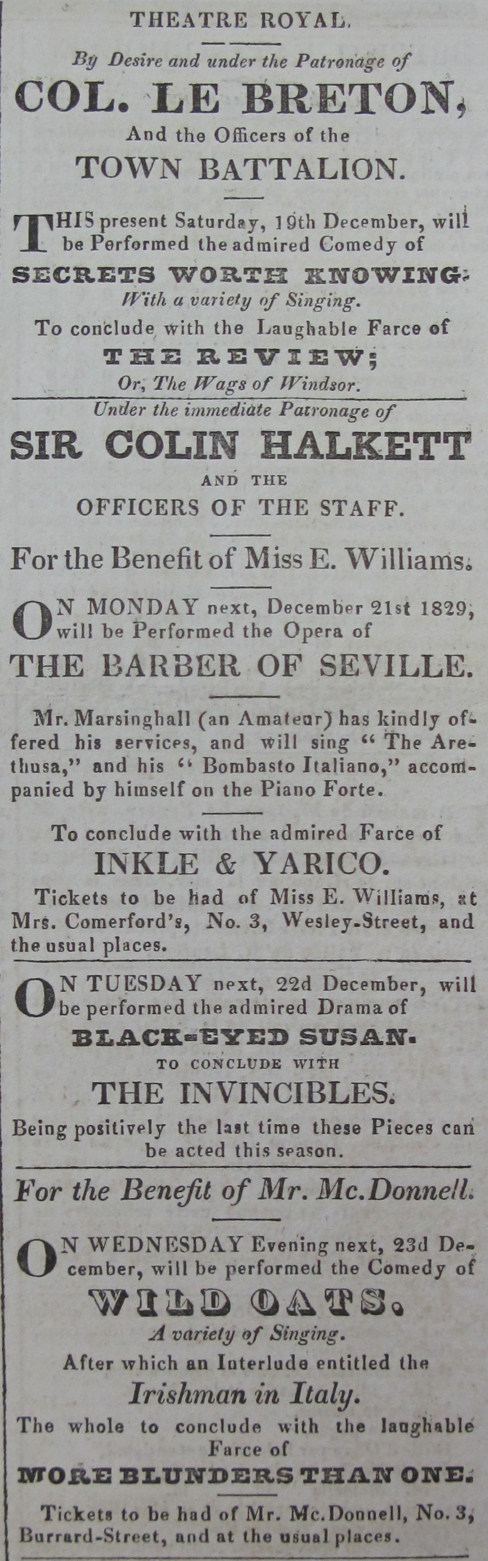 Theatre Royal Jersey 19 December 1829
