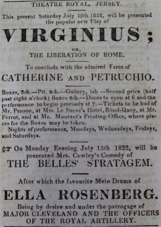 Theatre Royal Jersey 13 July 1822