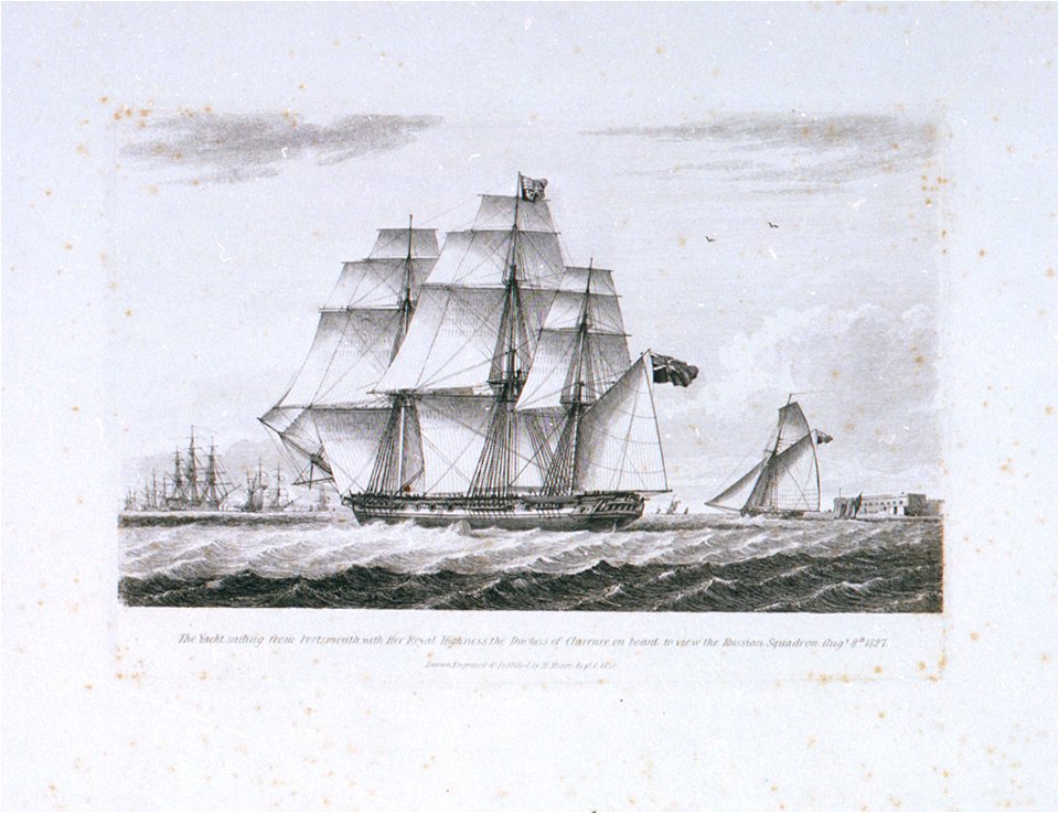 The Yacht ('Royal Sovereign') sailing from Portsmouth with Her Royal Highness the Duchess of Clarence on board to view the Russian Squadron. Augt 8th 1827 RMG PU6491