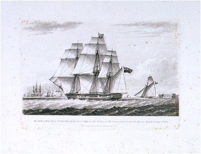 The Yacht ('Royal Sovereign') sailing from Portsmouth with Her Royal Highness the Duchess of Clarence on board to view the Russian Squadron. Augt 8th 1827 RMG PU6491