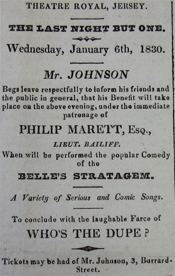 Theatre Royal Jersey 6 January 1830