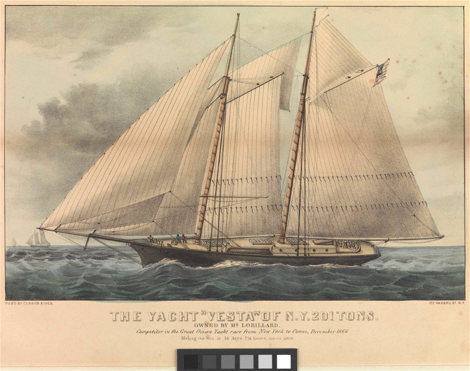 The Yacht Vesta of N.Y. 201 Tons. Owned by Mr Lorillard. Competitor in the Great Ocean Yacht race from New York to Cowes, December 1866, Making the run in 14 days 7 1-2 hours, mean-time RMG PY0488