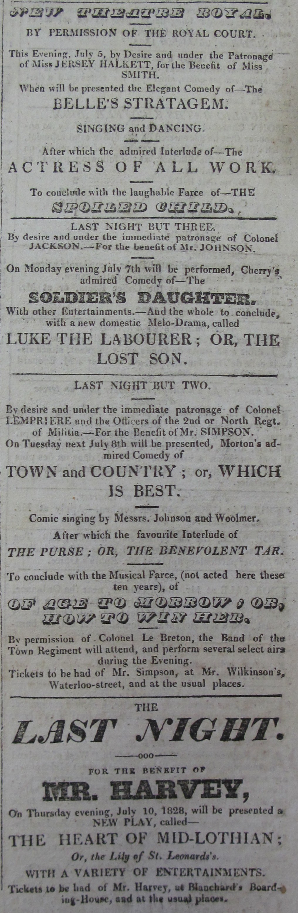 Theatre Royal Jersey 5 July 1828