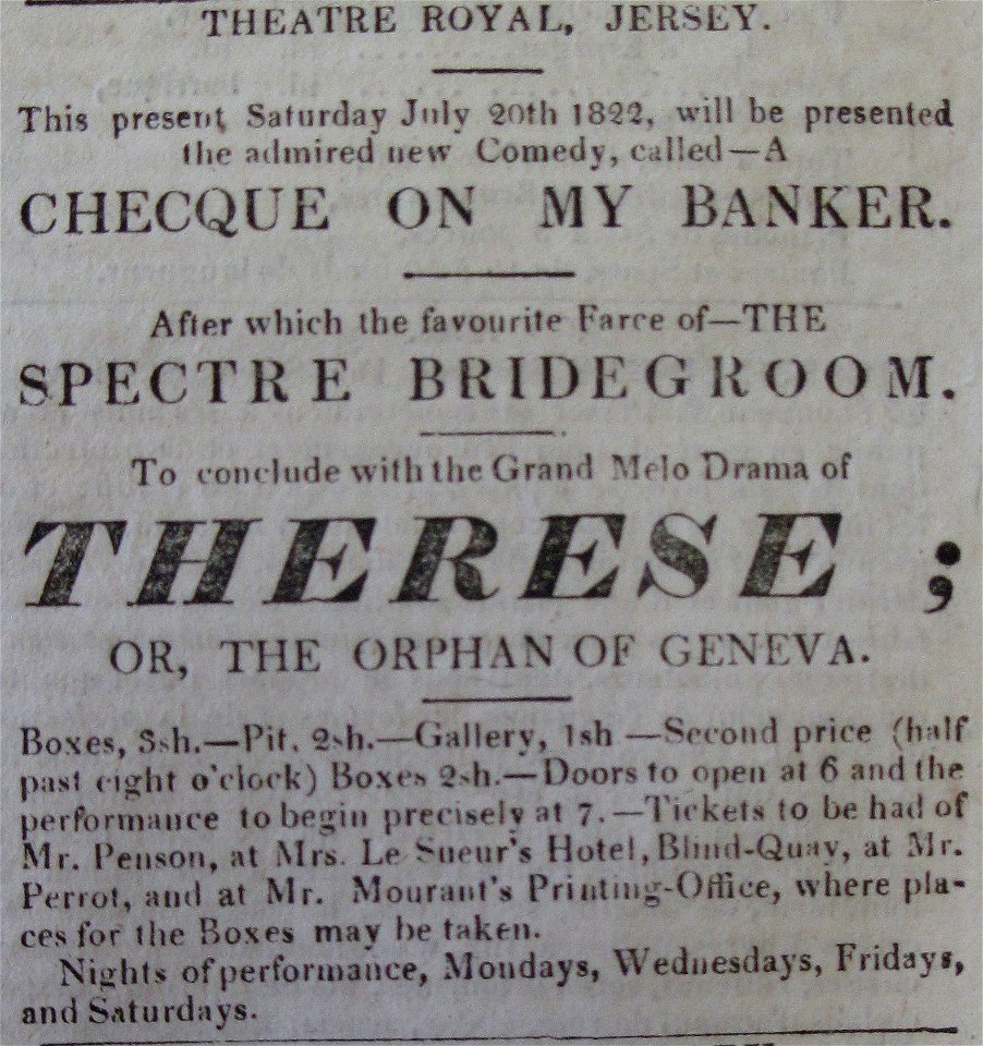 Theatre Royal Jersey 20 July 1822