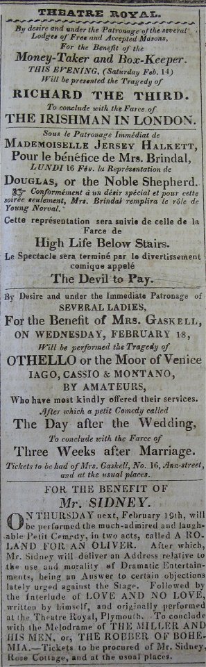 Theatre Royal Jersey 14 February 1829