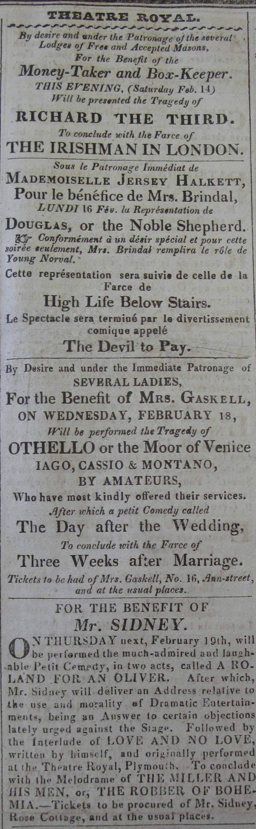 Theatre Royal Jersey 14 February 1829