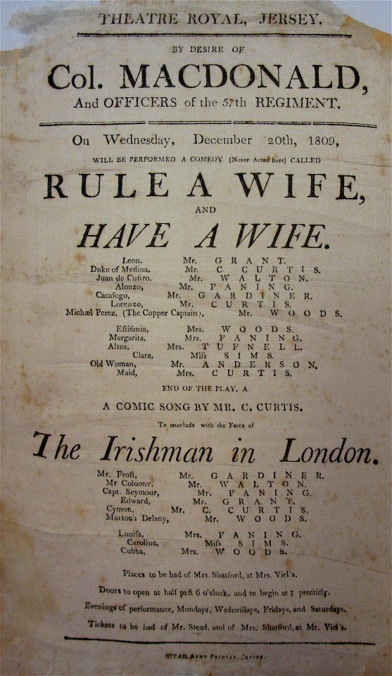 Theatre Royal Jersey 20 December 1809