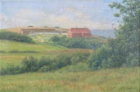 Sophus Theilgaard - Landskab med en gård og fjord i baggurnden - 1917