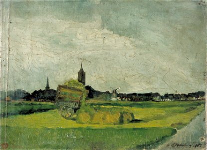 Theo van Doesburg - Landschap met hooikar, kerktorens en molen - AB4065 - Cultural Heritage Agency of the Netherlands Art Collection