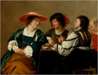 Theodoor Rombouts - A woman and three men seated around a table playing cards. Free illustration for personal and commercial use.