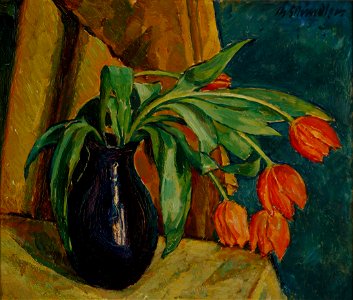Theodor Schindler Tulpen in blauer Vase 1915. Free illustration for personal and commercial use.