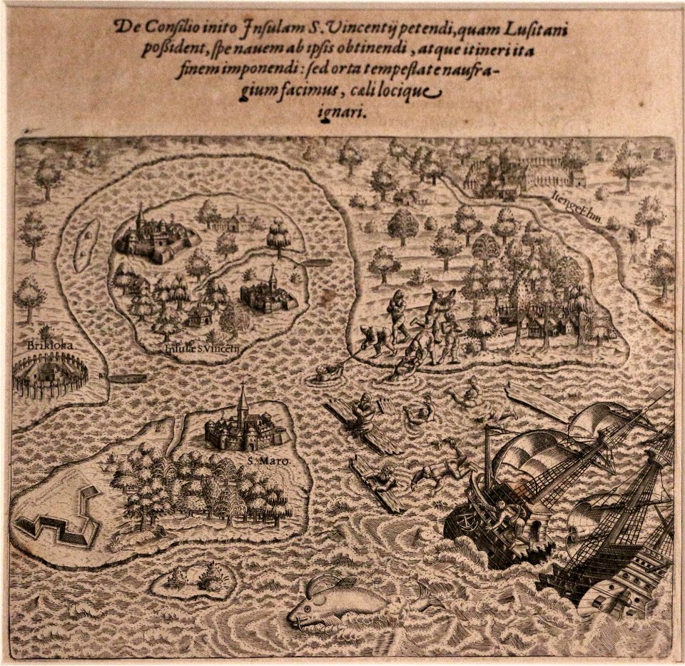 Theodor de bry (incisore) in hans staden e jean de lery, americae tertia pars, 1592 naufragio presso l'isola di sao vicente