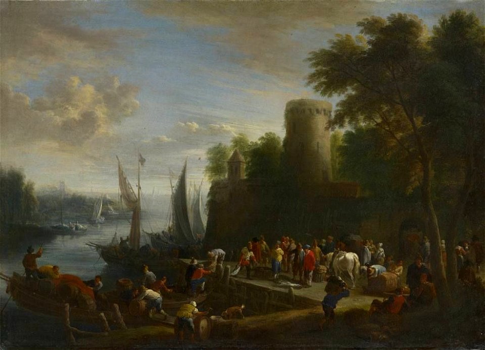Theobald Michau - Flussmündung mit Anlegestelle und Turm - 2197 - Bavarian State Painting Collections