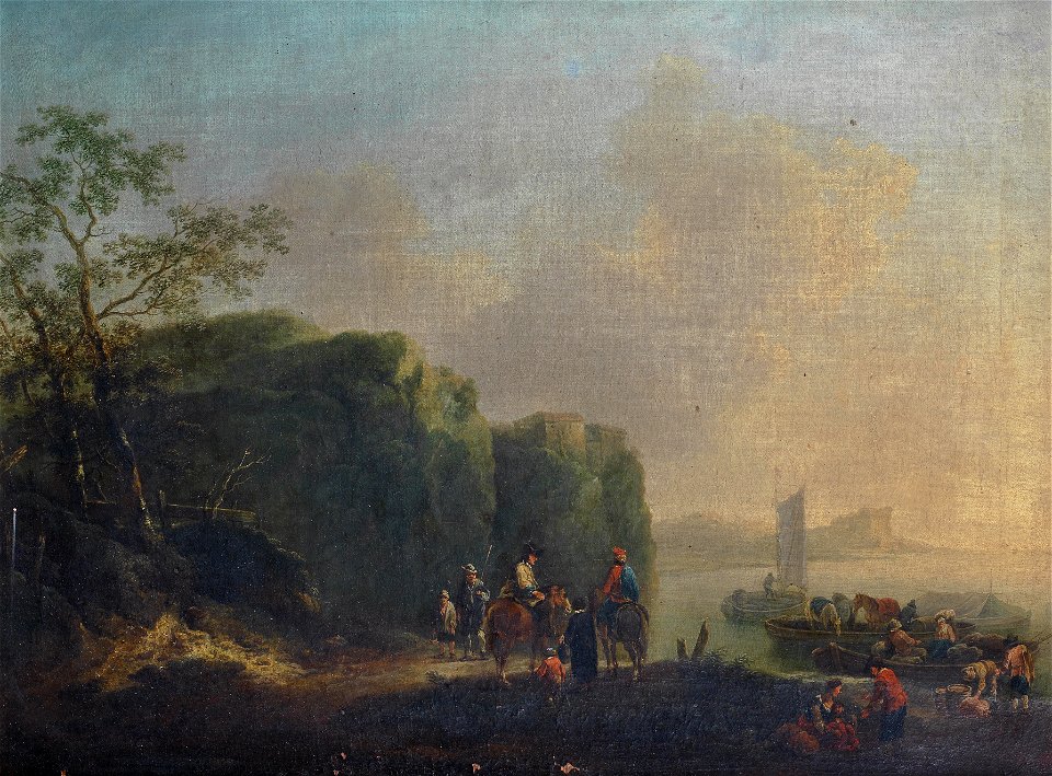 Johann Alexander Thiele - Reiter und Schiffer mit Lastkähnen an einem Fluss