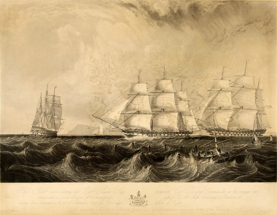 This print representing the East India Ship 'Vernon', Geo. Denny, Commander, on her voyage out, fitted with a Steam Engine of 30 horse power, passing HM ships Edinburgh and Blenheim 74 beating down Channel on the 21st of RMG PZ6595