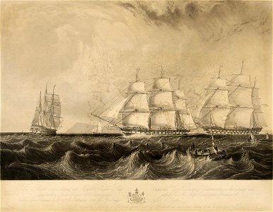 This print representing the East India Ship 'Vernon', Geo. Denny, Commander, on her voyage out, fitted with a Steam Engine of 30 horse power, passing HM ships Edinburgh and Blenheim 74 beating down Channel on the 21st of RMG PZ6595