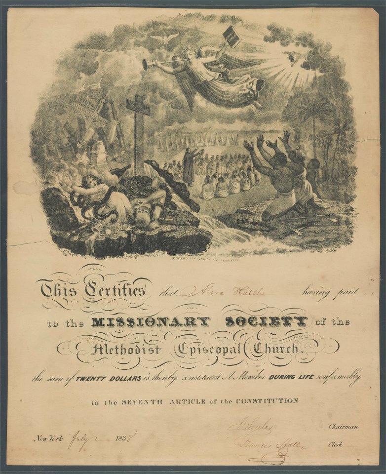 This certifies that (blank) having paid to the Missionary Society of the Methodist Episcopal Church the sum of twenty dollars is thereby constituted a member during life conformably to the LCCN2002697110